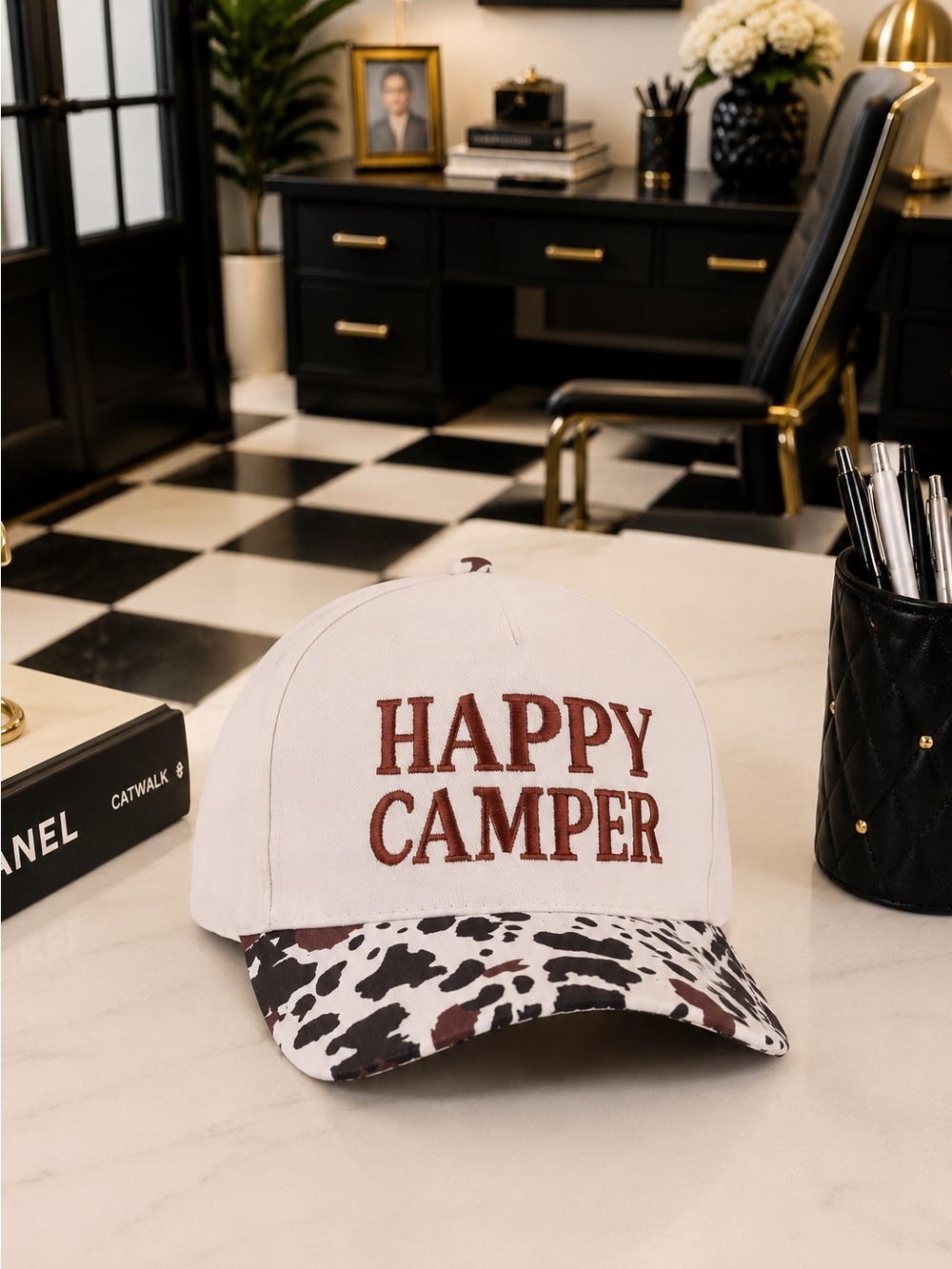 Zenana Happy Camper White Cap with Brown Embroidery Cow Print